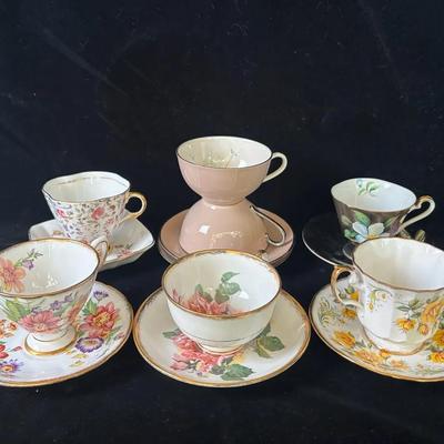 7 Vintage Teacups/Saucers * Franciscan * Clarence * Elizabethan * Taylor & Kent and more
