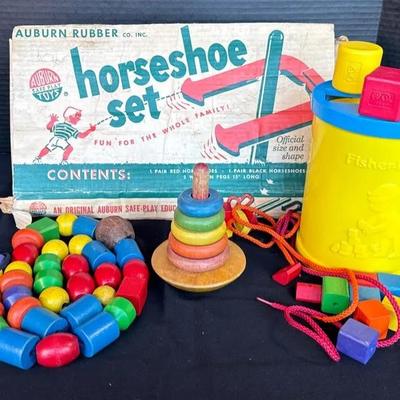 Auburn Rubber Co. Horseshoe Set * Vintage Wood Stacking Rings * Fisher-Price Plastic Blocks 1977 * 