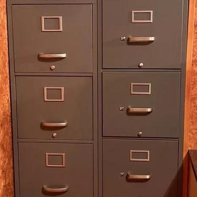 2 Vintage Metal 4-Drawer Filing Cabinets with 3 Metal Smaller Storage Containers * Hon & Tower 