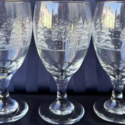 Set of 3 Winter Scene Etched Wine Goblets with Gold Rim – Snowy Trees & Holiday Motif