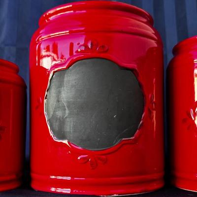 Set of 3 Red Ceramic Kitchen Canisters with Rooster Lids & Chalkboard Labels – Farmhouse Style