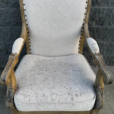 Vintage French-Style Upholstered Armchair – Carved Wood Frame, Nailhead Trim