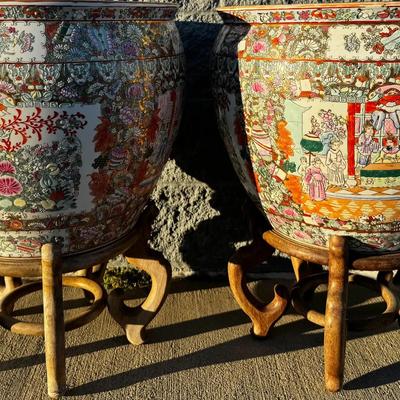 Large Chinese Famille Rose Fishbowls on Carved Wooden Stands – Figural & Floral Motifs