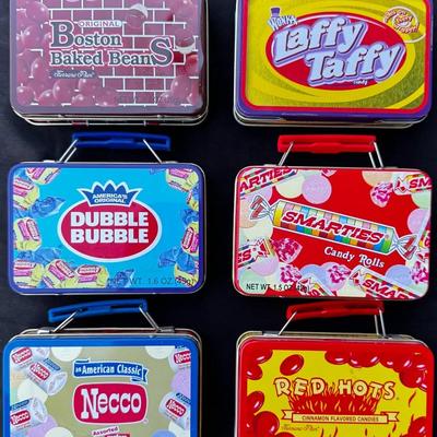 Lot of 6 Vintage-Style Candy Tins – Boston Baked Beans, Laffy Taffy, Dubble Bubble, Smarties, Necco 