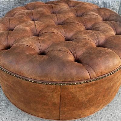 Large Round Tufted Brown Leather Ottoman with Nailhead Trim – 30" Diameter 