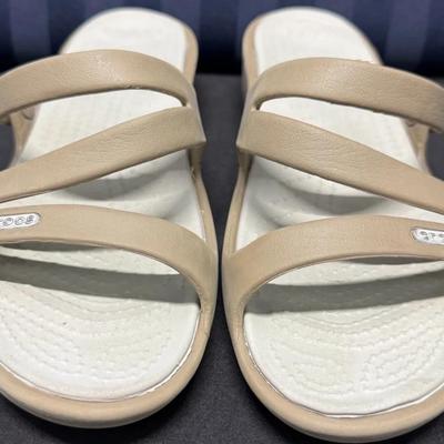 Crocs Women’s Tan Wedge Sandals – Triple Strap Comfort Slides – Size W7 