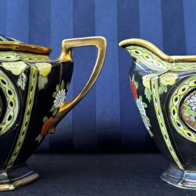 Antique Hand-Painted Nippon Sugar & Creamer Set – Floral Moriage, Gold Trim