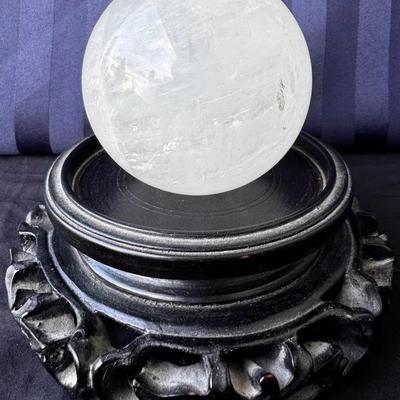 Large Polished Clear Crystal Ball with Decorative Carved Base