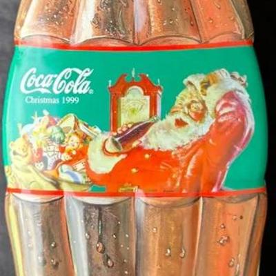 1999 Coca-Cola Christmas Bottle Tin – Santa Design – Large Contour Bottle Shape