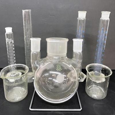 Pyrex Round Bottom Three Neck Flask With Graduated Cylinders 