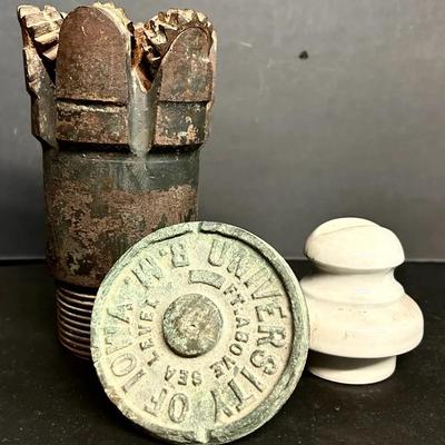 Vintage Tricone Well Drilling Bit, University Of Iowa Sea Level Bronze Marker And An Insulator 