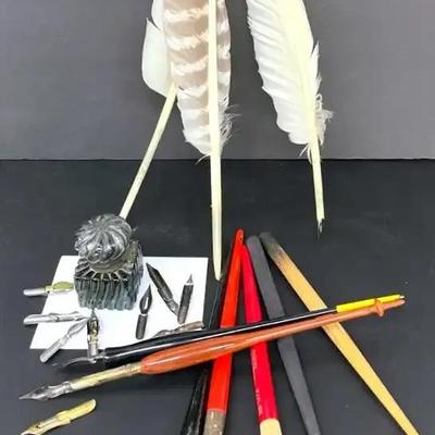 Antique 19th Century Swirl Pattern Inkwell With Dip Pens And Nibs