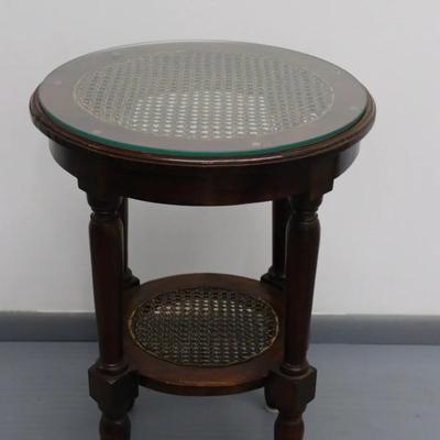Vintage Round Two-Tier Accent Table with Cane Inserts
