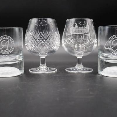 2 Edinburgh Crystal Brandy Glasses & 2 Rocks Tumbler Frosted Golf Glasses 