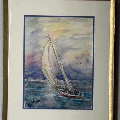 Sailboat on the North Sea Water Color Painting, Framed and Matted