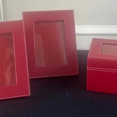 BP524 Set of Two Red Leather Picture Frames and Matching Storage Box