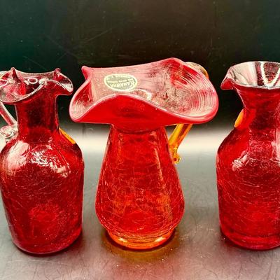 (3) Crackle Glass Pitchers Feat. Kanawha With Sticker
