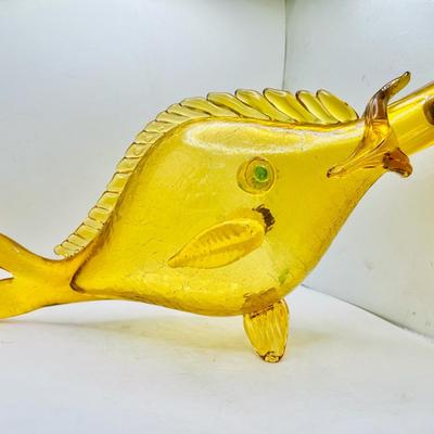 16” Mid Century Amber Italian Art Crackle Glass Fish Wine Bottle with Cork