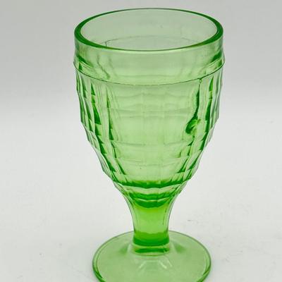 Set of (7) Uranium Glass Hazel Atlas Colonial Block Goblets