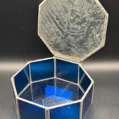 vintage stained blue glass octagonal jewelry box
