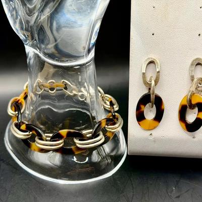 Tortoiseshell Bracelet & Earrings W Sterling Silver Elements
