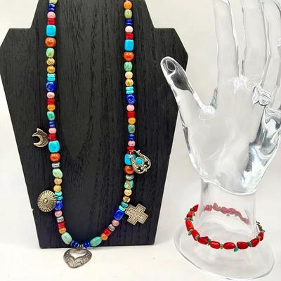 Sterling Silver & Stones Jewelry Set: Necklace & Bracelet