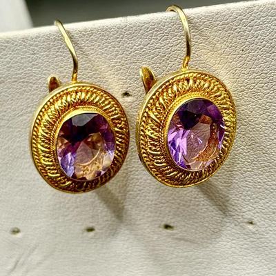 Gilt Sterling Silver Earrings With Amethyst Colored Stones