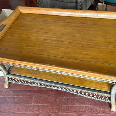 Vintage Wood & Woven Rattan Coffee Table – Tommy Bahama Style – Lower Shelf