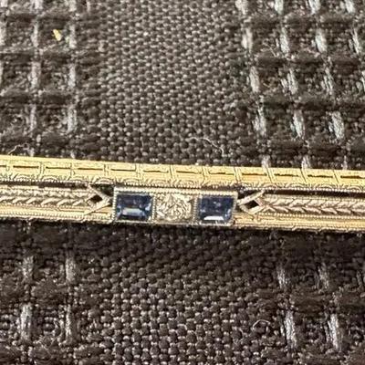 Art Deco 18K Filigree Bar Brooch – Likely Diamond and Sapphire Gems (Untested)