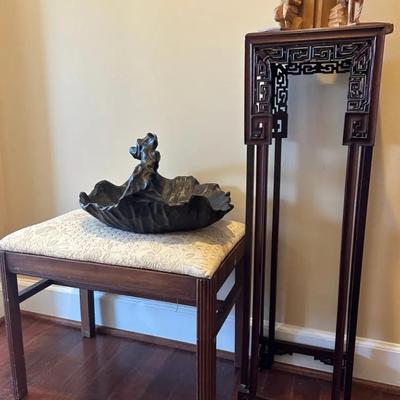Chinese Carved Plant Stand And Bench