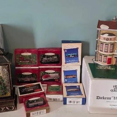 Hallmark Train Ornaments, Lantern, & Dickens Village Post Office 