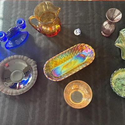 Colored Glassware Lot – Candlestick Holders & Carnival Glass