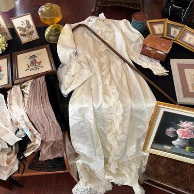 Cottagecore Vintage Lot – Handkerchiefs, Wedding Dress, Bench, Embroidered Art, Scarves