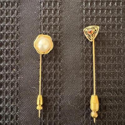 Vintage 14K Stick Pin Lot – Mabe Cabochon and Amber Gem (Untested)