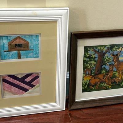 Lot of 2 Framed Art Pieces – Quilt Work and Deer Cross Stitch