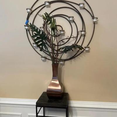 Metal Accent Table, Metal Vase And Spiral Wall Sconce