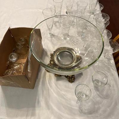 Vintage Clear Glass Punch Bowl with Brass-Tone Stand and Etched Crystal Glasses