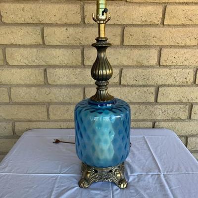 Hollywood Regency Style Table Lamp Blue Glass Textured Base Tested Works 
