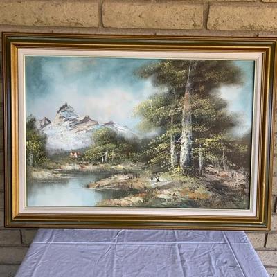 Large Vintage Mountain Landscape Oil Painting By Artist R Gino 