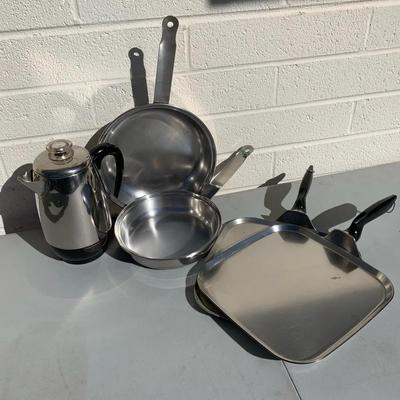 Lo- Heet Stainless Steel Pans, Vintage Faberware Electric Coffee Maker Made USA Made Steel Pans