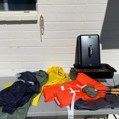 Camping Charbroil Portable Table Top Grill, Vintage Cast Waffle Iron, Life Vest & Rain Coats