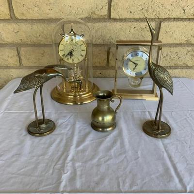 Lot Of 2 Brass Cranes , Small Brass Dish , And 2 Vintage Desk Clocks 