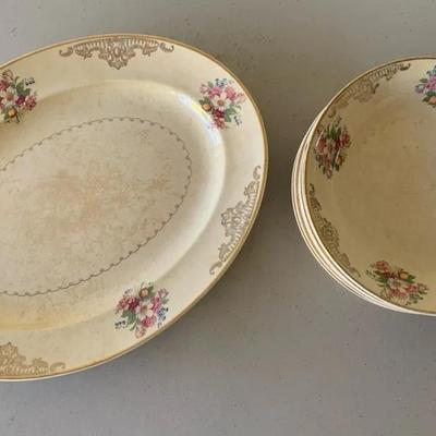 Gold Trim Platter And 6 Vintage Paden City Pottery Plates By Gold Lynn With Floral Pattern