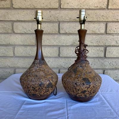 Pair Of Vintage Mid Century Modern Cork And Wood Sculpture Table Lamps Both Tested Both Work 