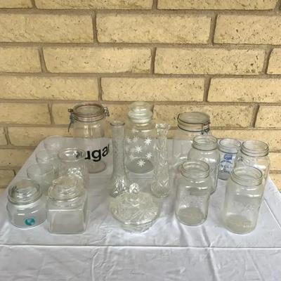 Lot Of Vintage Glassware , Mason Jars , Vases , Containers 