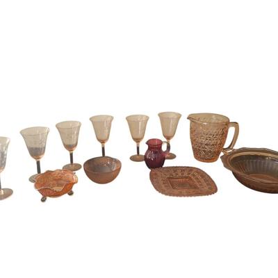 DC114 Pink Mid Century Glass Stemware And Serving Pieces