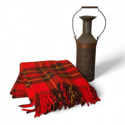 DC517 Vibrant Red Plaid Wool Throw and Vintage Ink Can