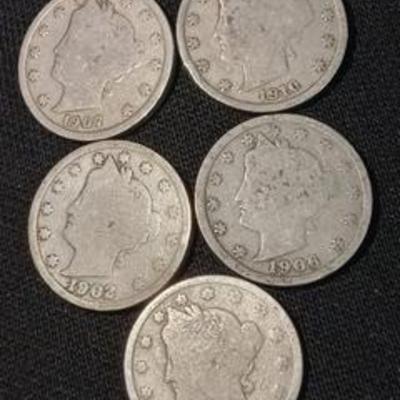 LOT OF 5 U.S. LIBERTY NICKELS EARLY 1900'S