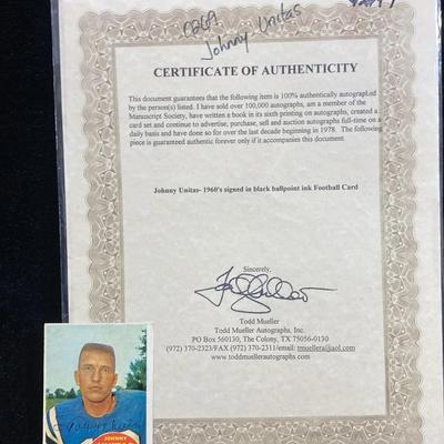 Johnny Unitas Signed Football Card 