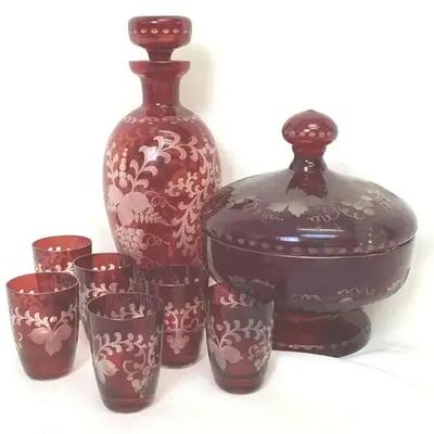 Bohemian Ruby Cut-to-Clear Glass Liqueur Set